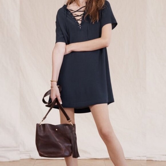 Madewell Blue Novella Lace-Up Mini Dress 70s Inspired Size XXS Navy Viscose - Picture 3 of 13
